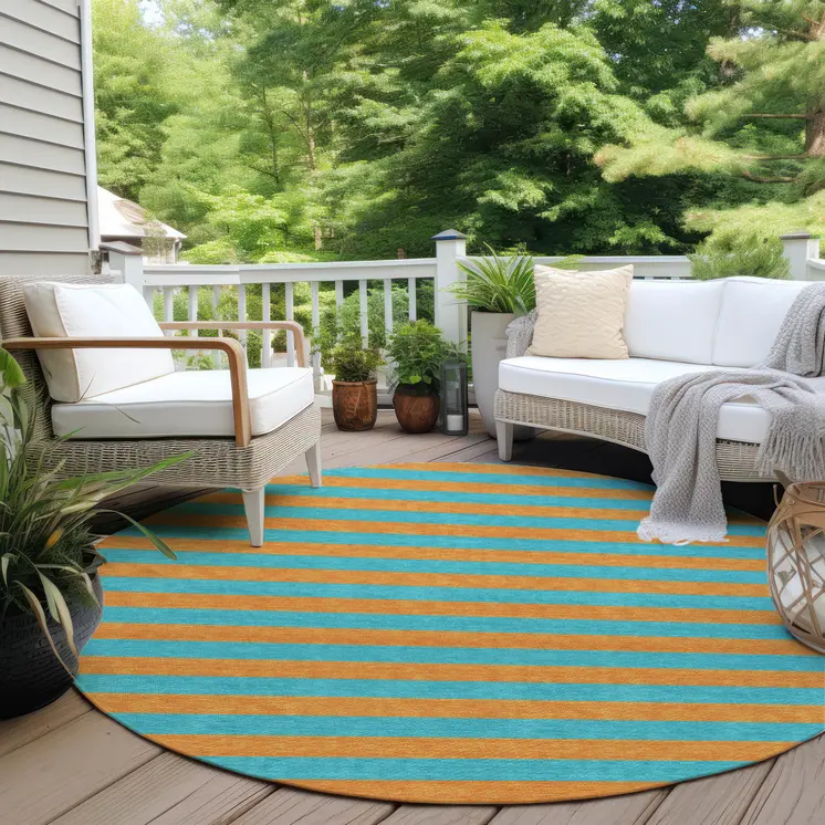8' Round Aqua Round Striped Washable Non Skid Indoor Outdoor Area Rug