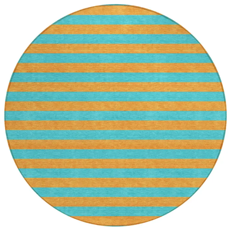 8' Round Aqua Round Striped Washable Non Skid Indoor Outdoor Area Rug
