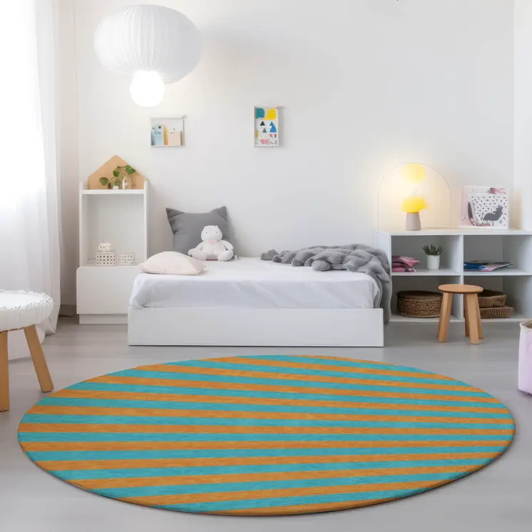 8' Round Aqua Round Striped Washable Non Skid Indoor Outdoor Area Rug