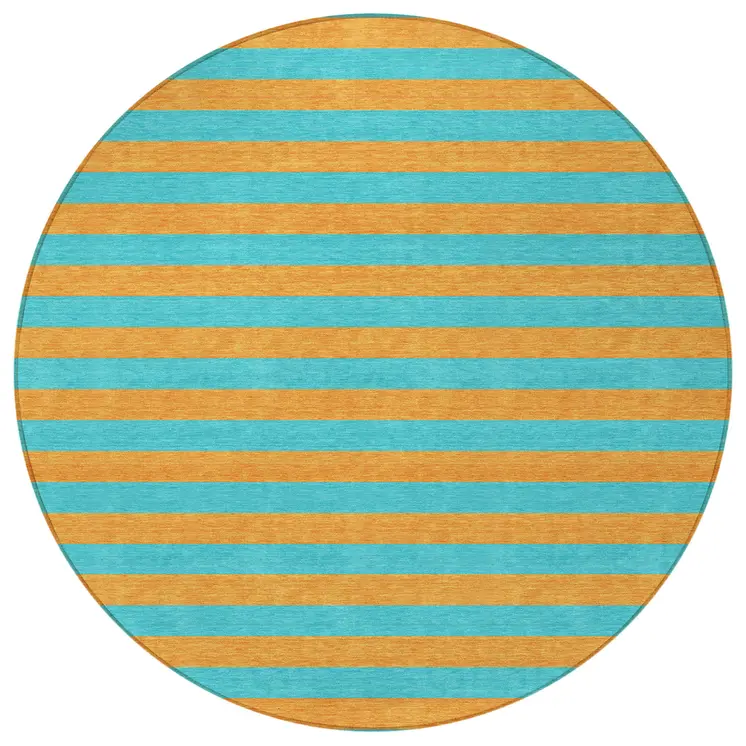 8' Round Aqua Round Striped Washable Non Skid Indoor Outdoor Area Rug