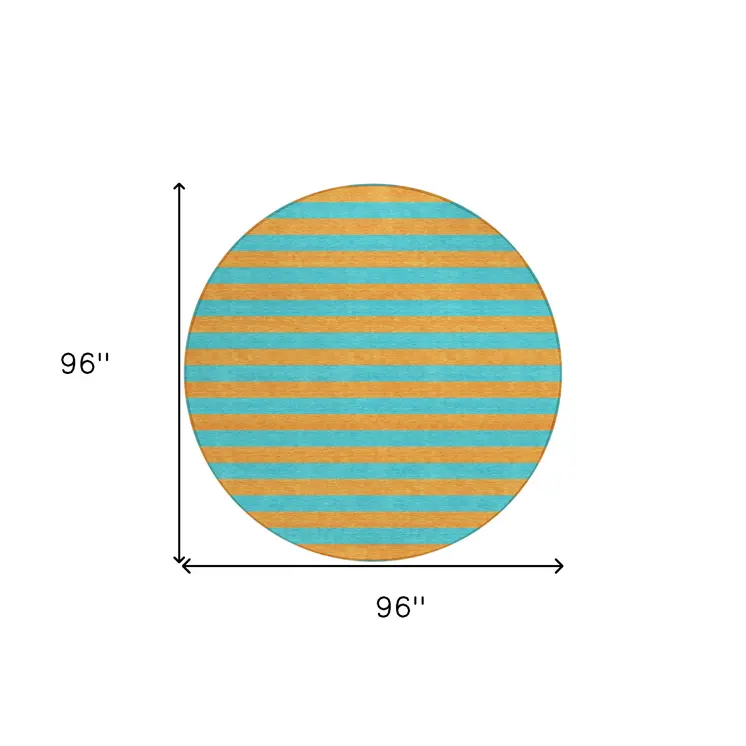8' Round Aqua Round Striped Washable Non Skid Indoor Outdoor Area Rug