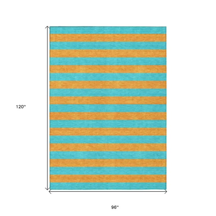 8' X 10' Aqua Striped Washable Non Skid Indoor Outdoor Area Rug