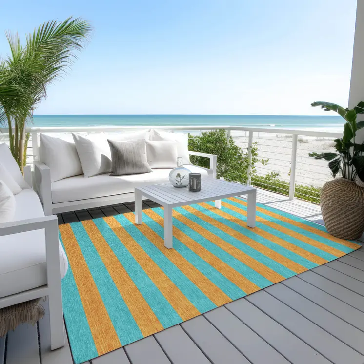 8' X 10' Aqua Striped Washable Non Skid Indoor Outdoor Area Rug