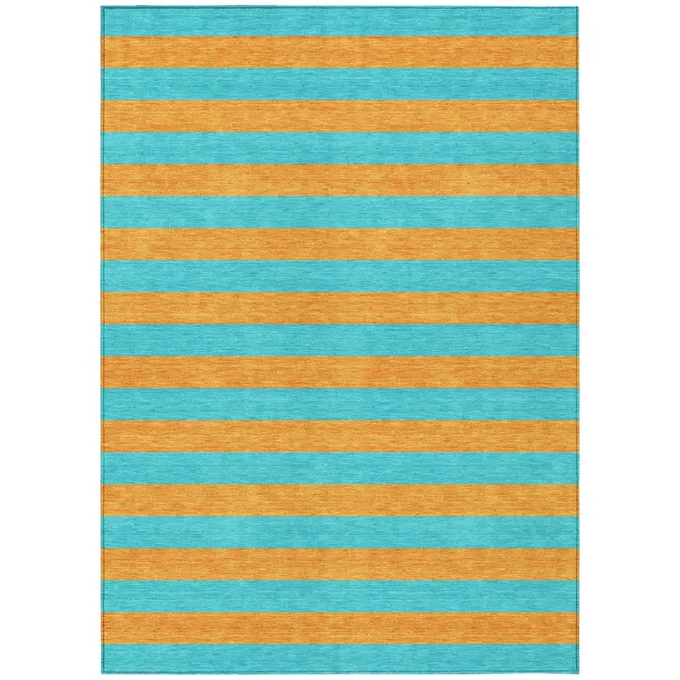 8' X 10' Aqua Striped Washable Non Skid Indoor Outdoor Area Rug