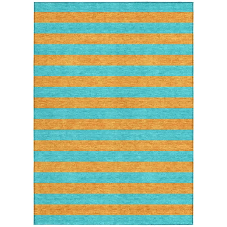 8' X 10' Aqua Striped Washable Non Skid Indoor Outdoor Area Rug