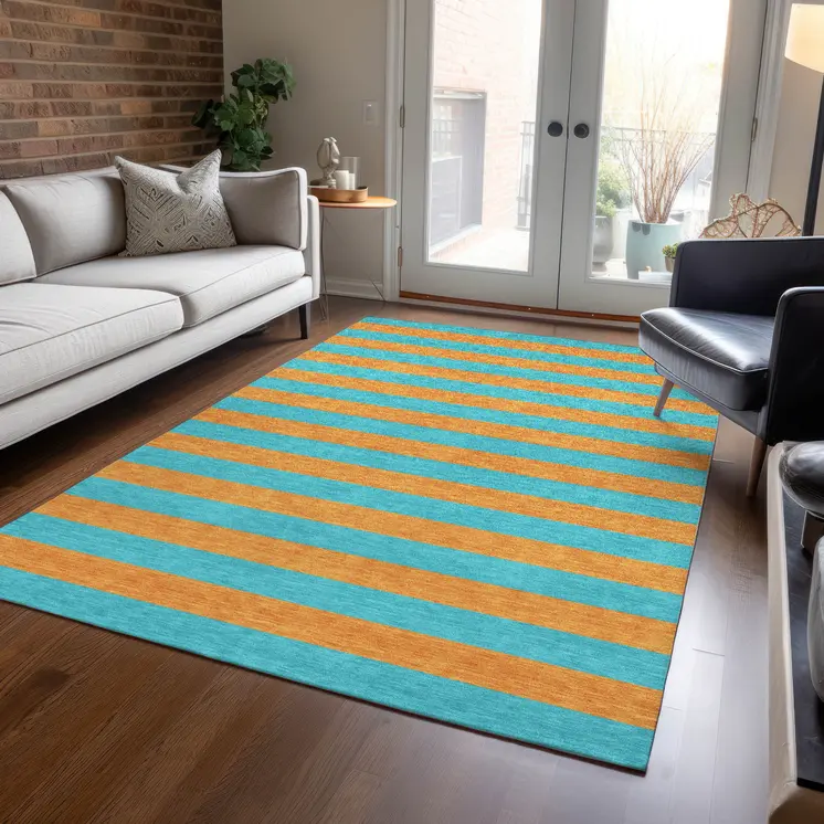 8' X 10' Aqua Striped Washable Non Skid Indoor Outdoor Area Rug