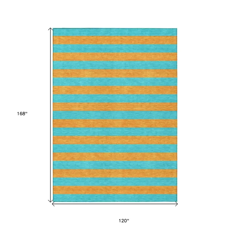 10' X 14' Aqua Striped Washable Non Skid Indoor Outdoor Area Rug
