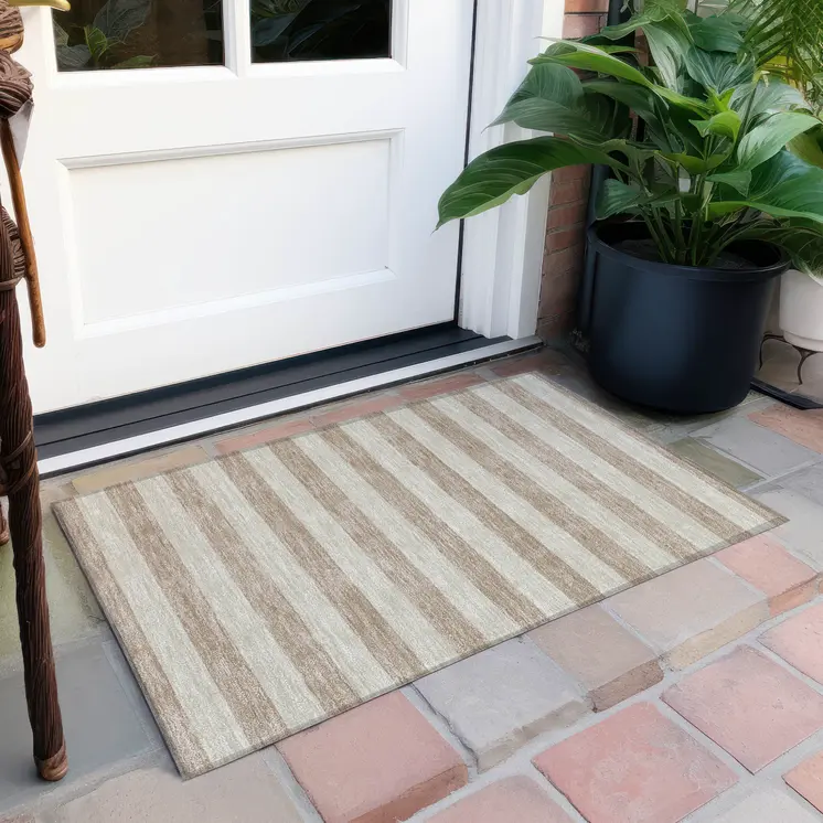 2' X 3' Beige Striped Washable Non Skid Indoor Outdoor Area Rug
