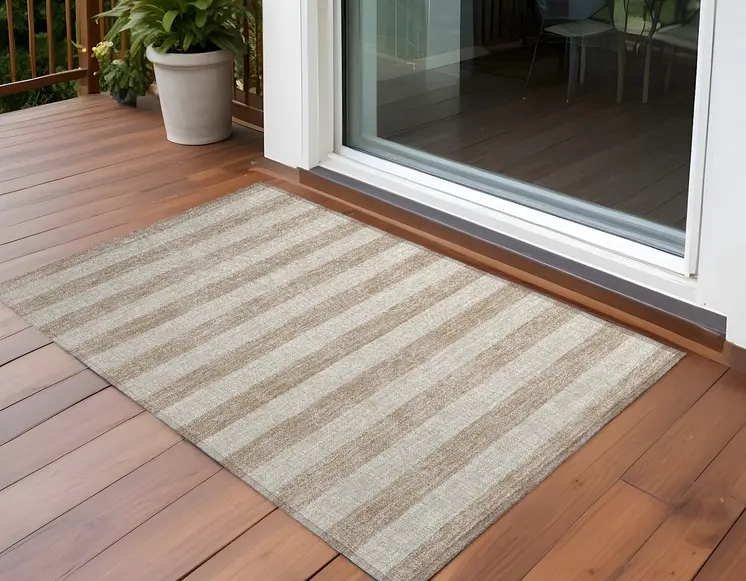 2' X 3' Beige Striped Washable Non Skid Indoor Outdoor Area Rug