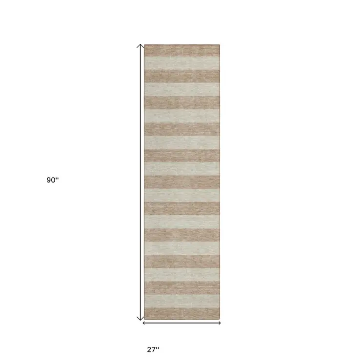 8' Runner Beige Striped Washable Non Skid Indoor Outdoor Runner Rug