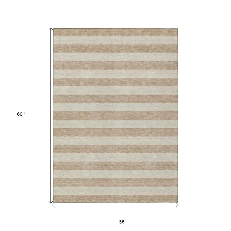 3' X 5' Beige Striped Washable Non Skid Indoor Outdoor Area Rug