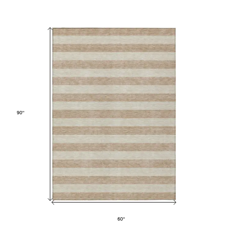5' X 8' Beige Striped Washable Non Skid Indoor Outdoor Area Rug