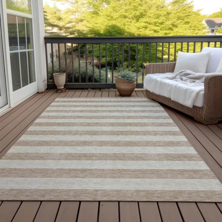 5' X 8' Beige Striped Washable Non Skid Indoor Outdoor Area Rug