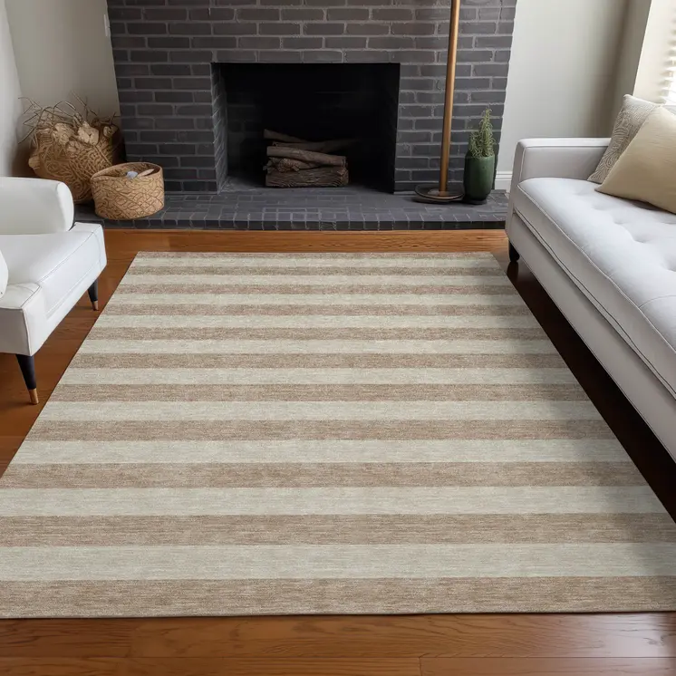 5' X 8' Beige Striped Washable Non Skid Indoor Outdoor Area Rug