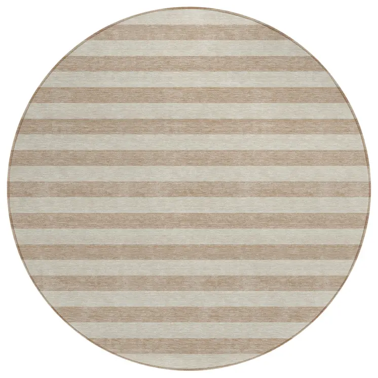 8' Round Beige Round Striped Washable Non Skid Indoor Outdoor Area Rug