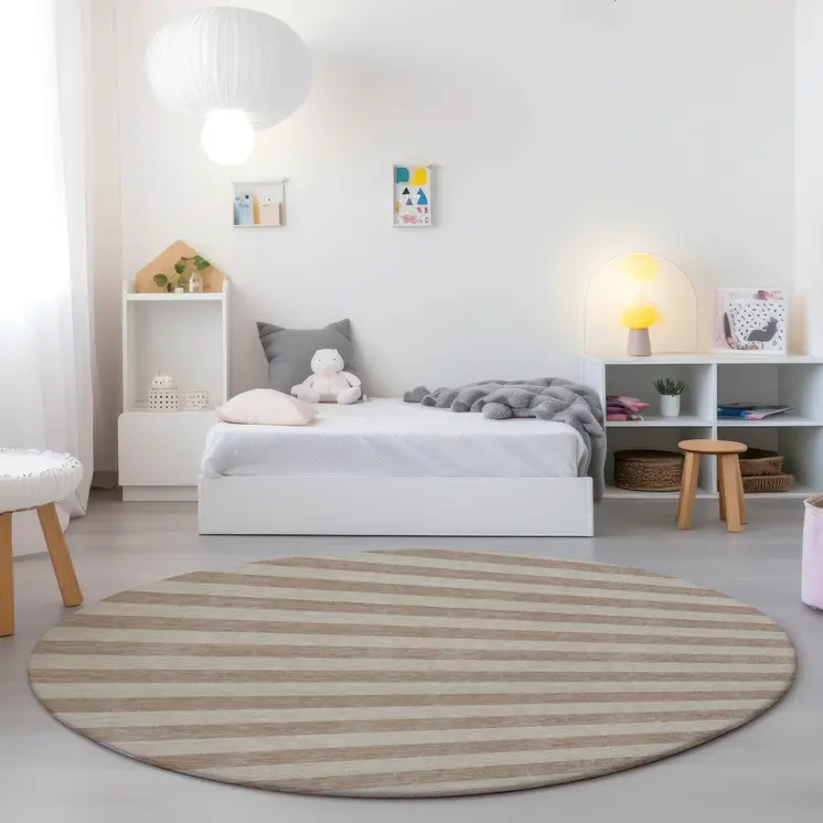 8' Round Beige Round Striped Washable Non Skid Indoor Outdoor Area Rug