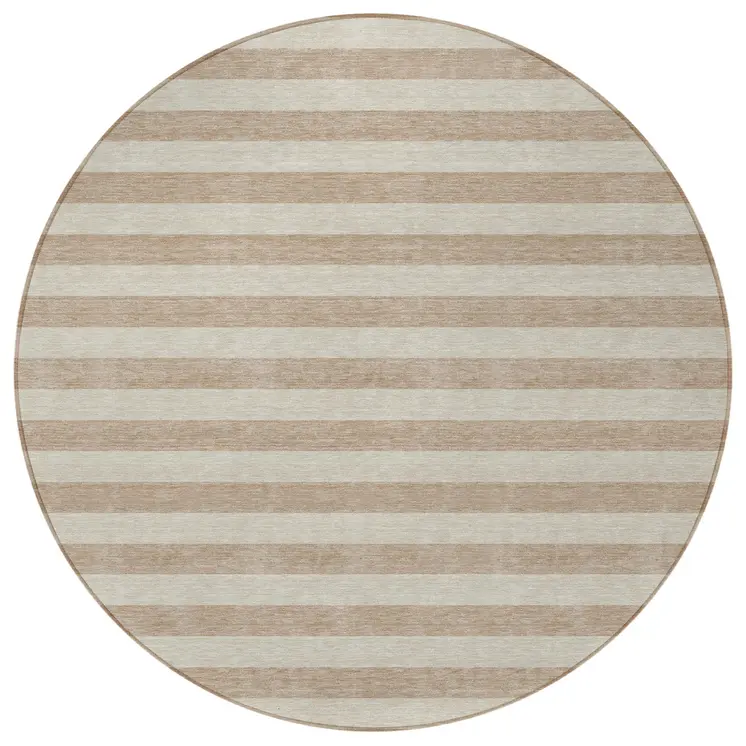 8' Round Beige Round Striped Washable Non Skid Indoor Outdoor Area Rug