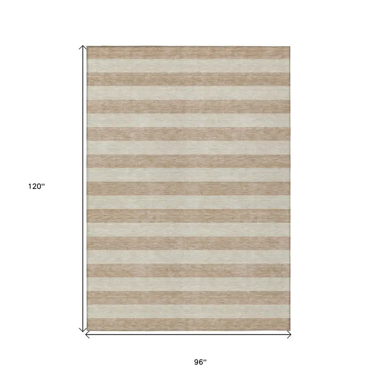 8' X 10' Beige Striped Washable Non Skid Indoor Outdoor Area Rug