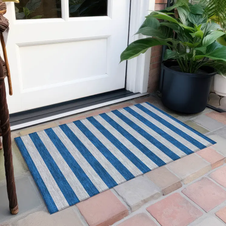 2' X 3' Blue and Ivory Striped Washable Non Skid Indoor Outdoor Area Rug
