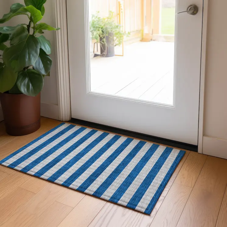 2' X 3' Blue and Ivory Striped Washable Non Skid Indoor Outdoor Area Rug