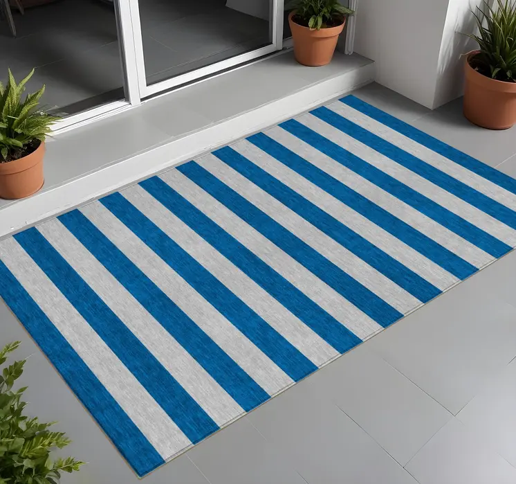 3' X 5' Blue and Ivory Striped Washable Indoor Outdoor Area Rug