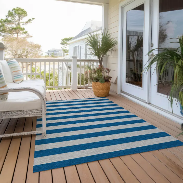 3' X 5' Blue and Ivory Striped Washable Indoor Outdoor Area Rug