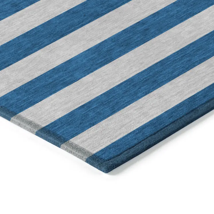 3' X 5' Blue and Ivory Striped Washable Indoor Outdoor Area Rug