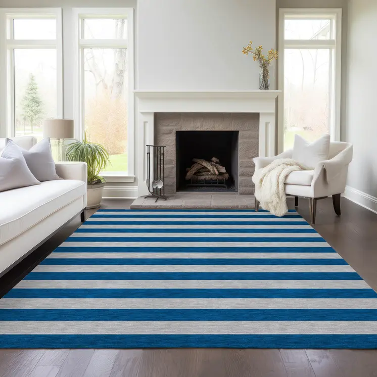 3' X 5' Blue and Ivory Striped Washable Indoor Outdoor Area Rug