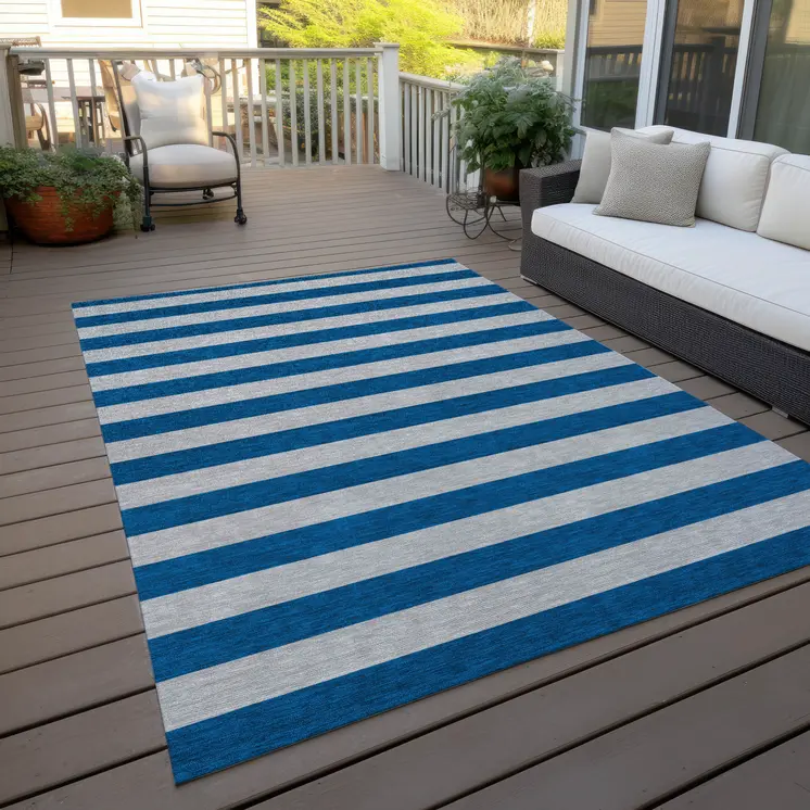 3' X 5' Blue and Ivory Striped Washable Indoor Outdoor Area Rug