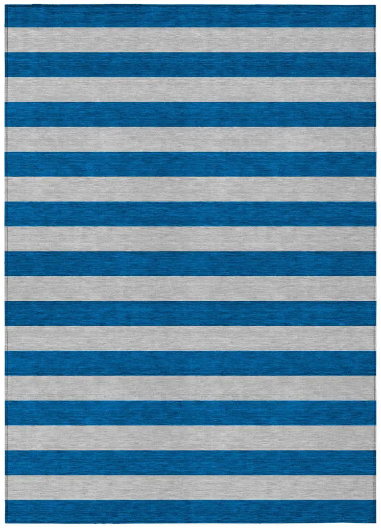 5' X 8' Blue and Ivory Striped Washable Indoor Outdoor Area Rug