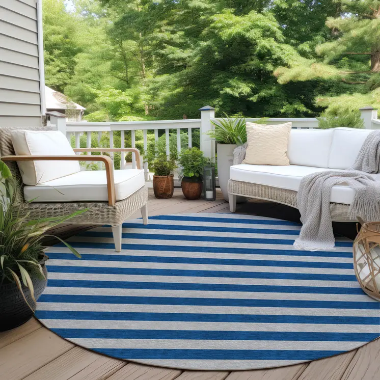 8' Round Blue and Ivory Round Striped Washable Non Skid Indoor Outdoor Area Rug