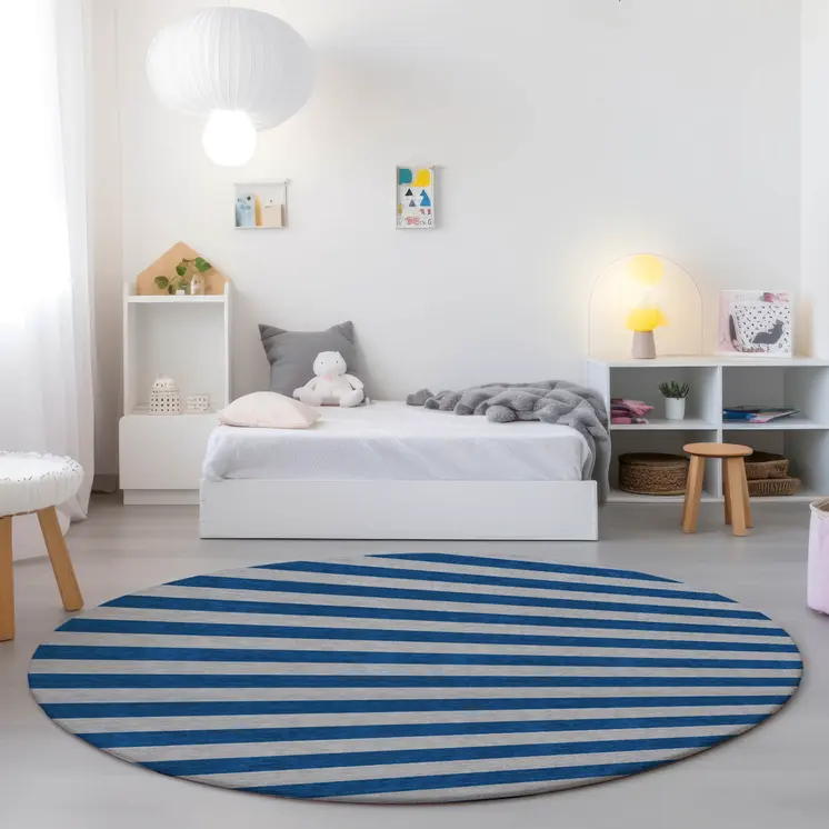 8' Round Blue and Ivory Round Striped Washable Non Skid Indoor Outdoor Area Rug
