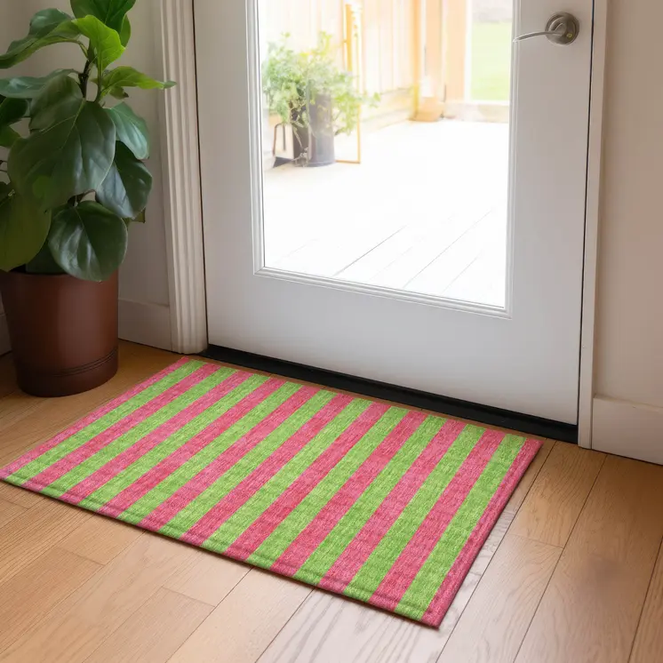 2' X 3' Green and Red Striped Washable Non Skid Indoor Outdoor Area Rug