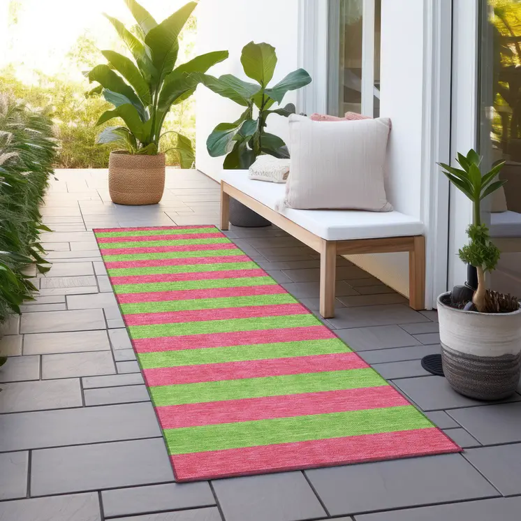 2' X 8' Green and Red Striped Washable Indoor Outdoor Runner Rug
