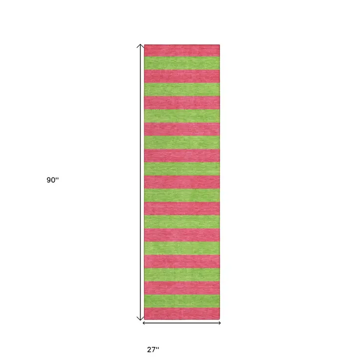 2' X 8' Green and Red Striped Washable Indoor Outdoor Runner Rug