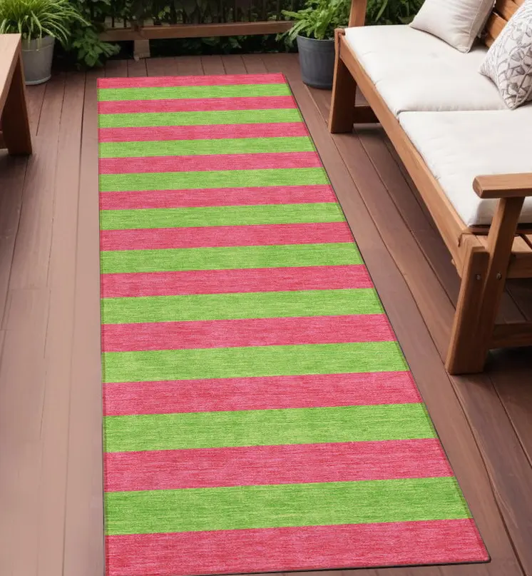 2' X 8' Green and Red Striped Washable Indoor Outdoor Runner Rug