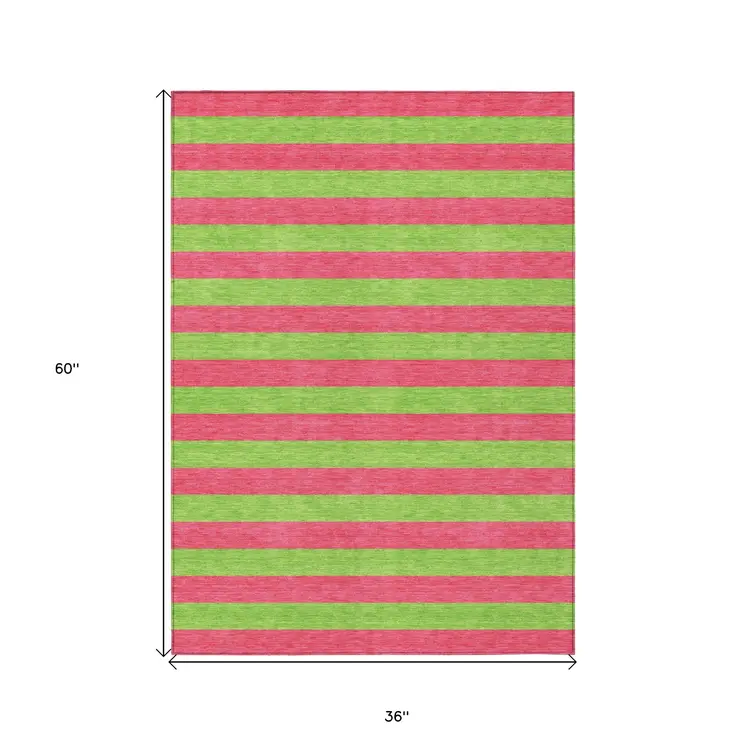 3' X 5' Green and Red Striped Washable Non Skid Indoor Outdoor Area Rug