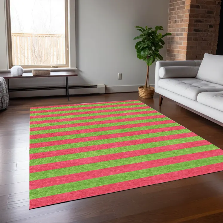 3' X 5' Green and Red Striped Washable Non Skid Indoor Outdoor Area Rug