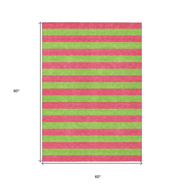 5' X 8' Green and Red Striped Washable Non Skid Indoor Outdoor Area Rug
