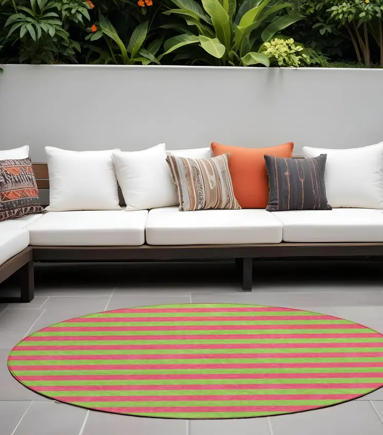 8' Round Green and Red Round Striped Washable Non Skid Indoor Outdoor Area Rug