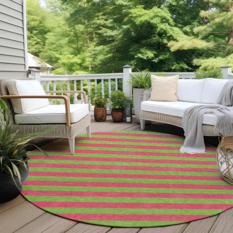 8' Round Green and Red Round Striped Washable Non Skid Indoor Outdoor Area Rug