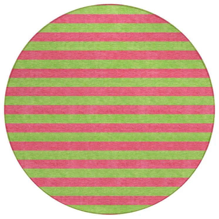 8' Round Green and Red Round Striped Washable Non Skid Indoor Outdoor Area Rug