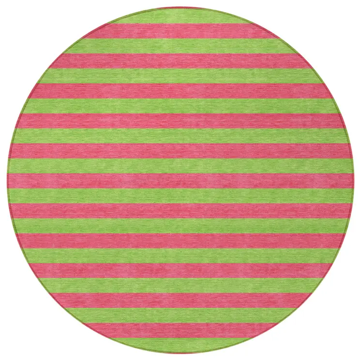 8' Round Green and Red Round Striped Washable Non Skid Indoor Outdoor Area Rug