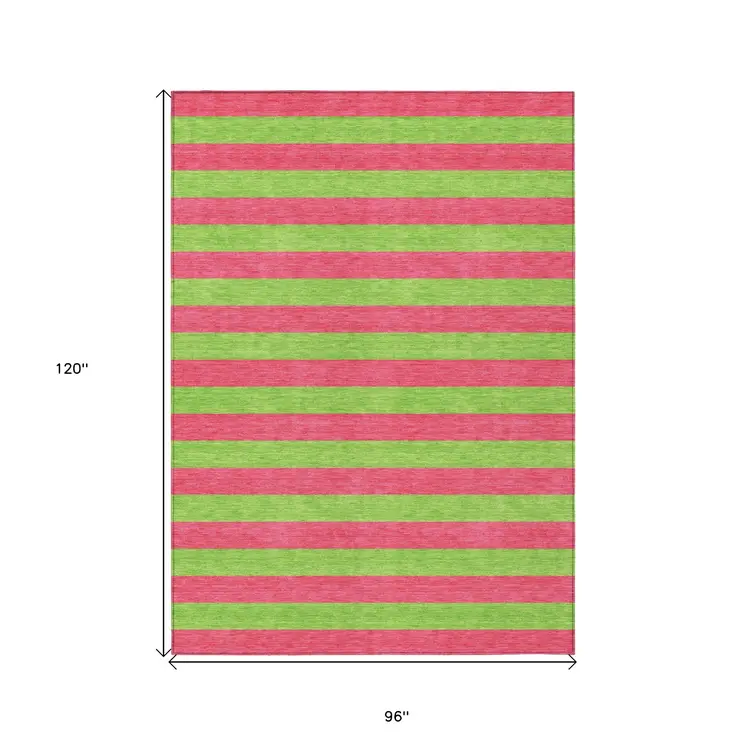 8' X 10' Green and Red Striped Washable Non Skid Indoor Outdoor Area Rug