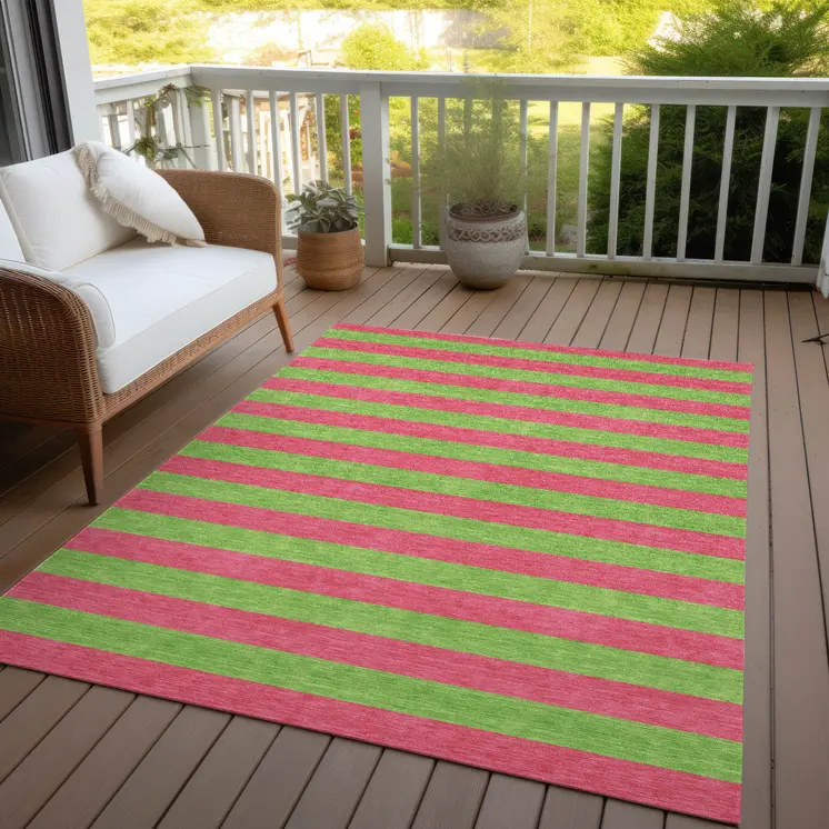10' X 14' Green and Red Striped Washable Non Skid Indoor Outdoor Area Rug