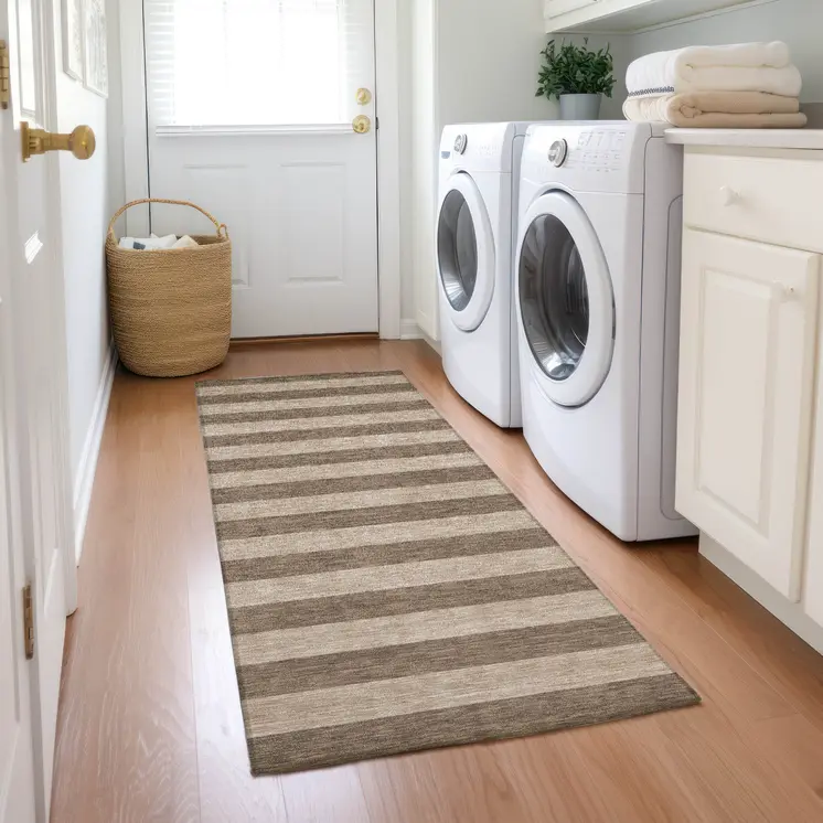 8' Runner Coffee Striped Washable Non Skid Indoor Outdoor Runner Rug