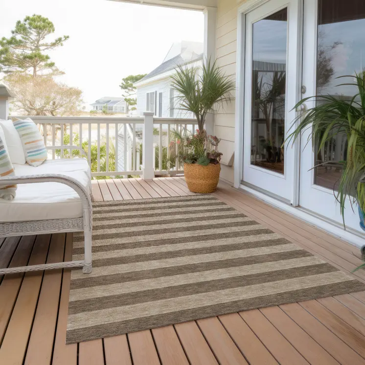 8' X 10' Coffee Striped Washable Non Skid Indoor Outdoor Area Rug