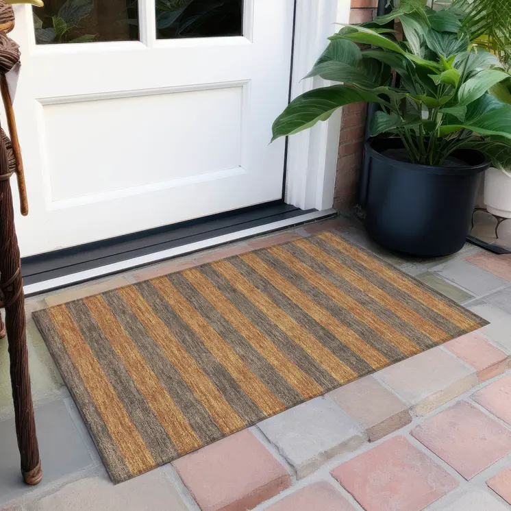 2' X 3' Brown and Tan Striped Washable Non Skid Indoor Outdoor Area Rug
