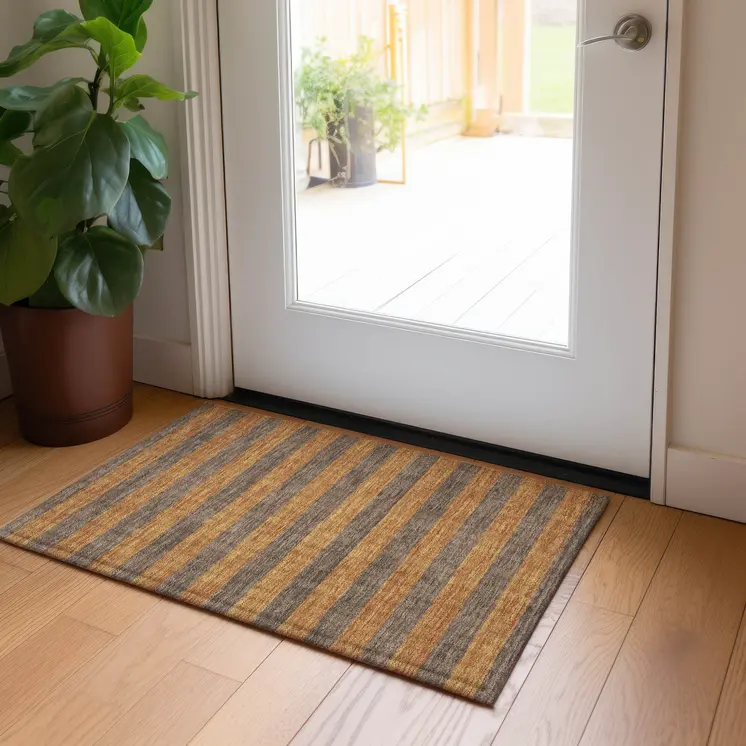 2' X 3' Brown and Tan Striped Washable Non Skid Indoor Outdoor Area Rug