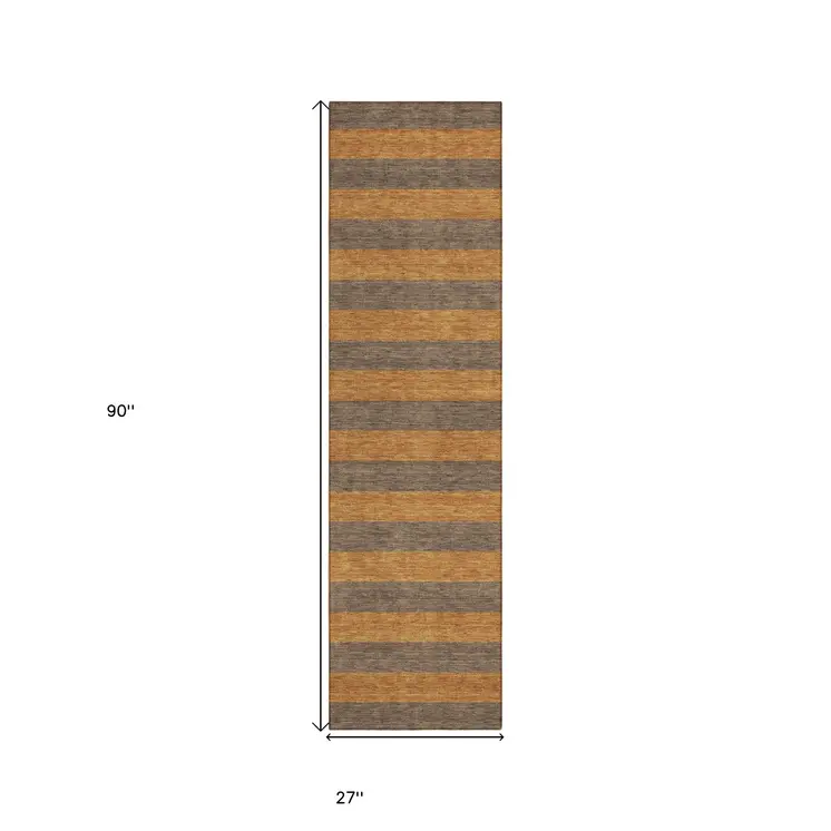 8' Runner Brown and Tan Striped Washable Non Skid Indoor Outdoor Runner Rug